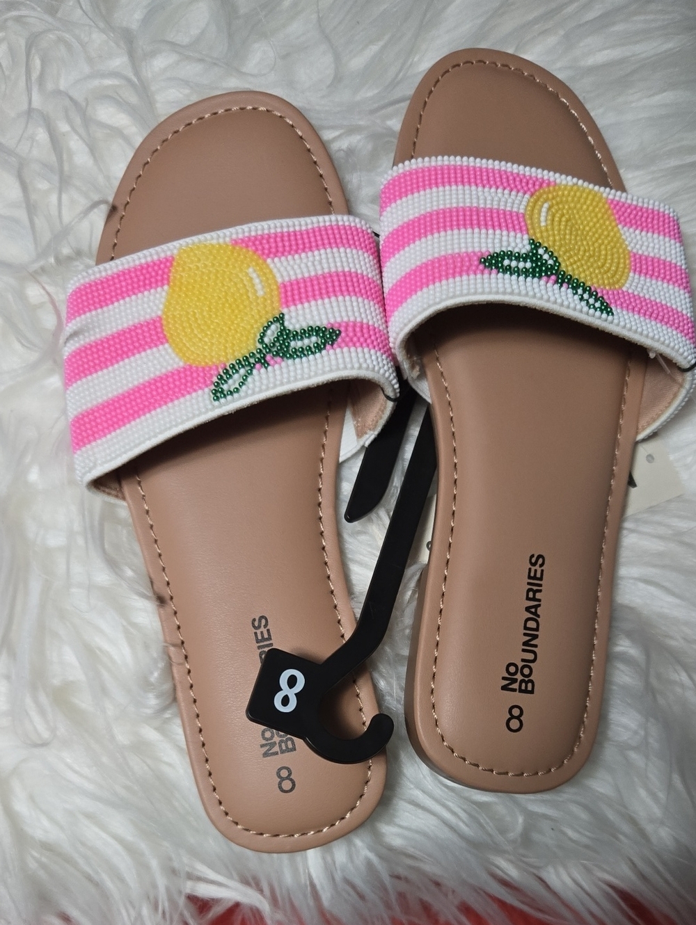 No Boundaries Pink and White Striped Beaded Lemon Slide Sandals